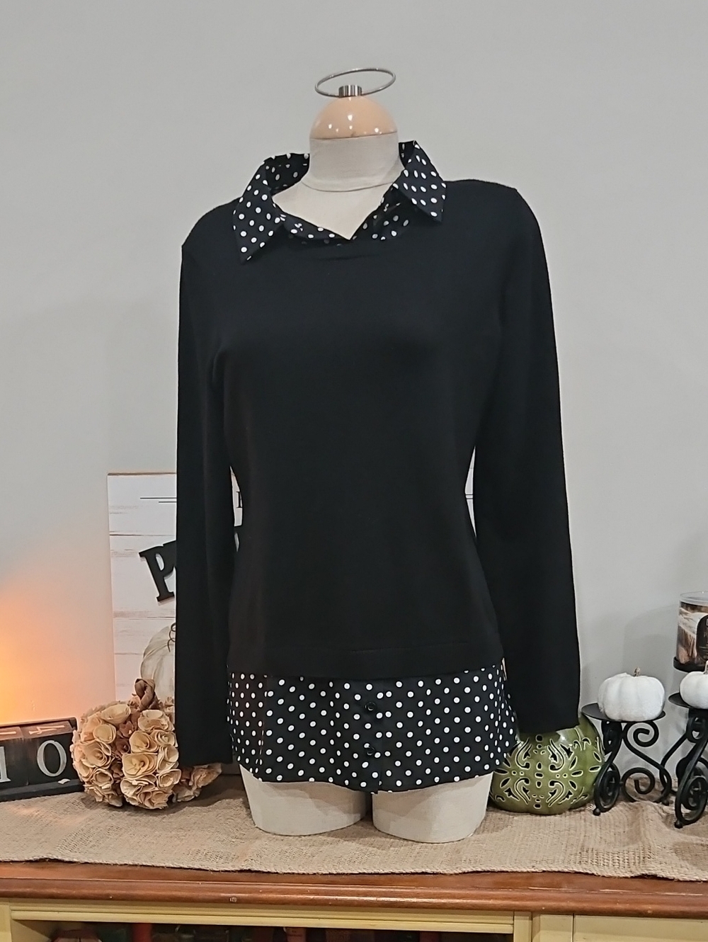 Adrianna Papell Pullover Twofer Sweater Black & White Polka Dot Colar Sz Med